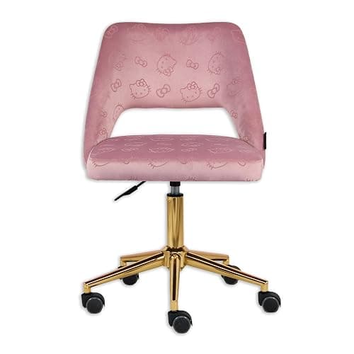 Impressions Vanity Hello Kitty Velvet Vanity Chair with Back, 360 Degrees Swivel Cute Desk Chair with Wheels, Golden Rolling Base Adjustable Height Makeup Chair for Bedroom (Pink) thumbnail 4