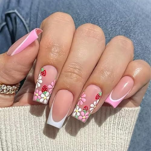 CTTHNBD Press on Nails Medium - Square Fake Nails with Flower Design - Pink French Tip False Nails Press ons - for Women 24 Pcs - Image 1