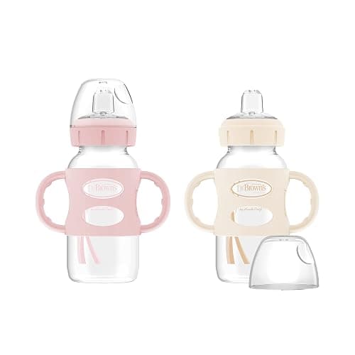 Dr. Brown's Milestones Wide-Neck Sippy Spout Bottle with 100% Silicone Handles, Easy-Grip Handles with Soft Sippy Spout, 9oz/270mL, Light-Pink & Ecru, 2-Pack, 6m+ - Image 1