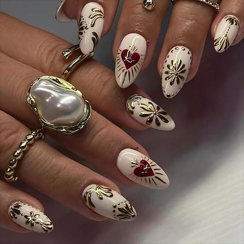 LPOODDNU Almond 3D Gilding Press on Nails - Medium Fake Nails with Gold Flower and Red Heart Designs, Glossy Finished Reusable False Nails with Adhesive Glue Tabs - 24Pcs Nail Kit for Women Manicure - Image 1