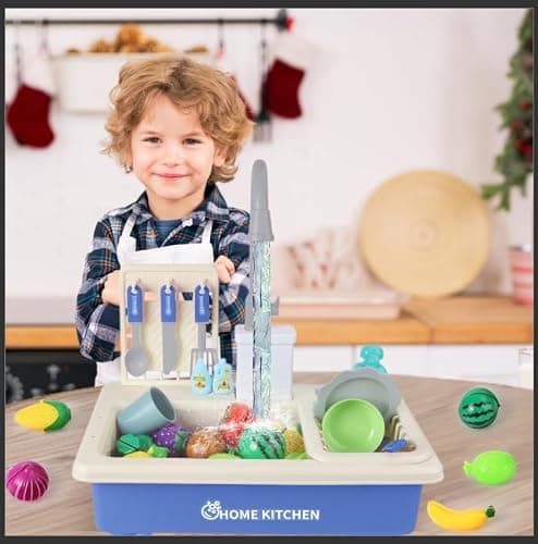 deAO Play Kitchen Toy Sink Toys with Cutting Food,Dishwasher Playing Toy with Running Water, Role Playing Game Pretend Food,44 PCS Kitchen Accessories Set for 3 4 5 Years Old Girls Boys Blue thumbnail 2
