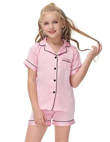Veseacky Unisex Satin Pajamas Set Boys Girls Silk Pjs Short Sleeve 2 Piece Sleepwear Button-Down Kids Nightwear(4-13T) thumbnail 3
