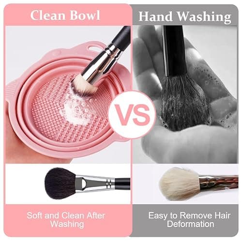 AUAUY Makeup Brush Cleaning Mat & Hanging Drying Net, Foldable Makeup Brush Cleaner, Silicone Brush Cleaning Bowl With Mesh Drying Rack Basket to Dry Makeup Sponge, Powder Puff, Brush(Pink) thumbnail 6