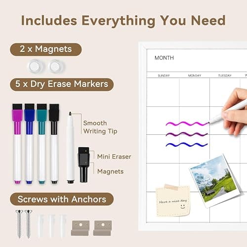 VUSIGN Magnetic Dry Erase Calendar White Board for Wall, 30"x20" Calendar Whiteboard, White Wood Style Frame, Includes 2 Magnets and 5 Markers thumbnail 3