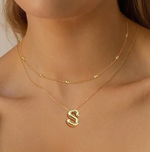 PANSHI Easter Basket Stuffers Gold Initial Necklaces Easter Gifts for Girls Women Kids Teen Girl Gifts Trendy Stuff Layered Bubble Letter Necklace Gold Jewelry Birthday Gift thumbnail 3