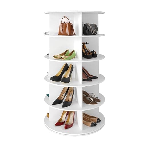 SpaceAid 5 Tier Rotating Shoe Rack Tower, Spinning Shoe Display Lazy Susan, Revolving 360 Shoe Rack Storage Round Carousel, Vertical Handbag Rotate Shoes Closet Organization (5-Tier White) - Image 1