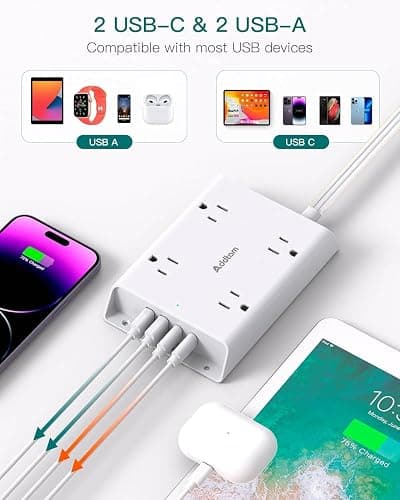 Surge Protector Power Bar, Addtam 5 ft Flat Plug Extension Cord with 4 USB Wall Charger(2 USB C Port), 4 Widely Outlets Desk Charging Station, Home Office and College Dorm Room Essentials thumbnail 3
