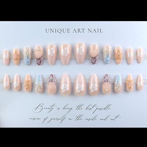 LPOODDNU 3D Embossed Flower Press on Nails - Almond Medium Fake Nails with Starfish&Pearl Designs, Glossy Finished Reusable False Nails with Adhesive Glue Tabs - 24Pcs Nail Kit for Women Manicure thumbnail 4