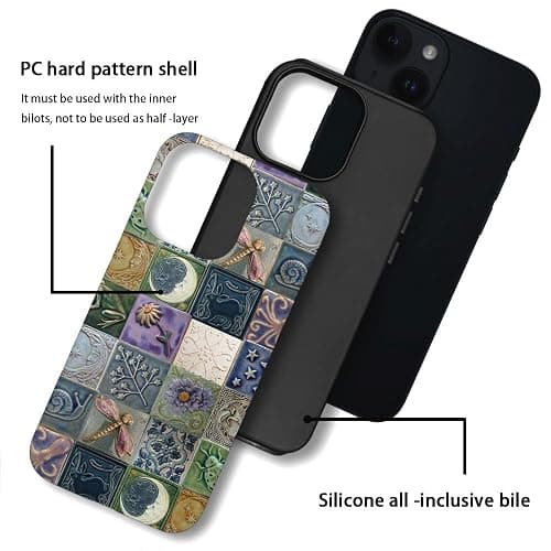 Piodaidy Compatible with iPhone 15,Durable & Shockproof Phone Case Cover Design - Tiles Pattern Moon Dragonfly Flower thumbnail 3