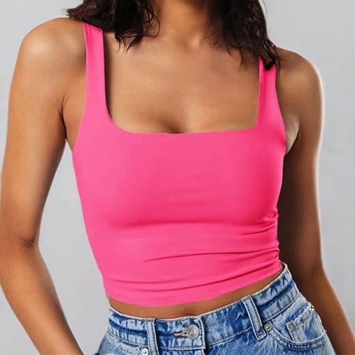 Artfish Women's Sleeveless Strappy Tank Square Neck Double Layer Workout Fitness Casual Basic Crop Tops thumbnail 8