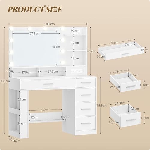 HEXCELEN Vanity Desk, with LED Light, Makeup Vanity with Mirror, Dressing Table with Power Strip, 6 Shelves, 5 Drawers and Open Side Storage, Simple, White thumbnail 2