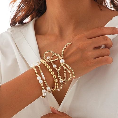 NIQIPOK Gold Bow Bracelet for Women Gold Beaded Bracelet Pearl Bead Bracelet Stackable Stretch Bead Ball Bracelet Gold Statement Jewelry Accessories thumbnail 4