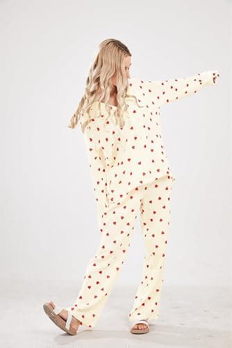 codcm Womens Pajama Sets Cotton Pj Set Cute Heart Print Long Sleeve Button Down Shirt With Long Pants thumbnail 5