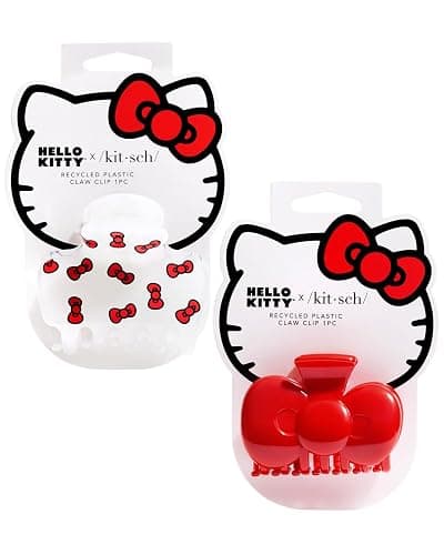 Hello Kitty x Kitsch 2 Pcs Medium Claw Clips | Recycled Plastic Hair Accessories for Women & Girls | Bow Shape & Kitty Bow Print Design | Cute Clips for All Hair Types & Everyday Use - White & Red - Image 1