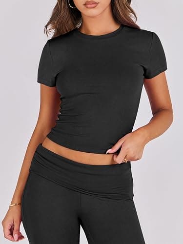 ANRABESS Lounge Sets for Women 2 Piece Foldover Yoga Flare Leggings Pants Crop Tops Casual Y2K Outfits Matching Tracksuit Set thumbnail 5
