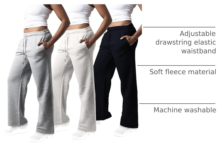 Common Stitch 3 Pack Wide Leg Fleece Sweatpants for Women, Deep Pockets | Soft Fleece, Relaxed Fit, Elastic Drawstring Waist, Lounge, Travel, Everyday Wear thumbnail 4
