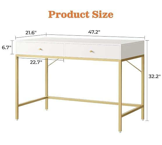 SUPERJARE Vanity Desk with Drawers, 47 inch Computer Desk, Modern Simple Home Office Desks, Makeup Dressing Table for Bedroom - White and Gold, 7997G thumbnail 3