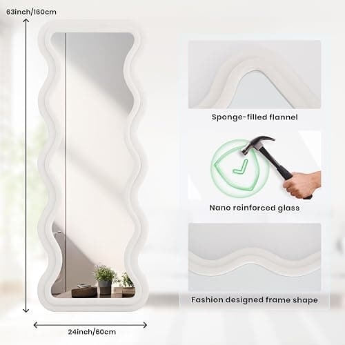 LunaMirror Miroir pleine longueur - 160 x 60 cm - Miroir mural ondulé avec support - Cadre en flanelle ivoire - Miroir mural à suspendre pour chambre à coucher, entrée thumbnail 5
