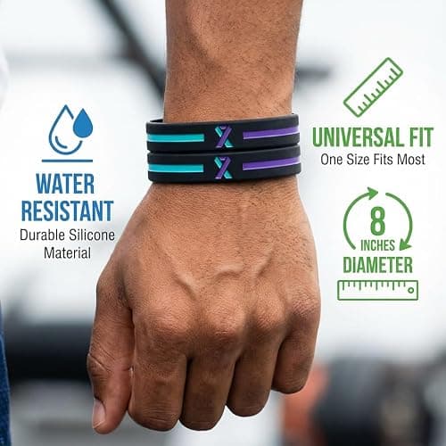 Giftphoria Teal and Purple Awareness Ribbon Wristbands (6-pack) - Silicone Rubber Support Bracelets for Suicide Prevention and Sexual Assault Awareness - Unisex Size for Men and Women thumbnail 2