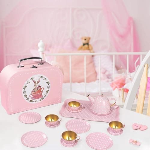 Tea Party Set for Little Girls, Princess Tea Time Toys Including Tin Teapot Set Cups Carrying Case, Toddlers Pretend Role Play Kids Kitchen Toys Birthday Gifts Age 3 4 5 6 thumbnail 2