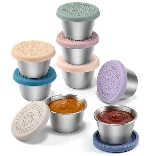[8 Pack] Salad Dressing Container To Go, 2.4oz Small Condiment Containers with Leakproof Silicone Lids, Reusable Stainless Steel Sauce Cups for Lunch Bento Box, Picnic and Travel - Image 1