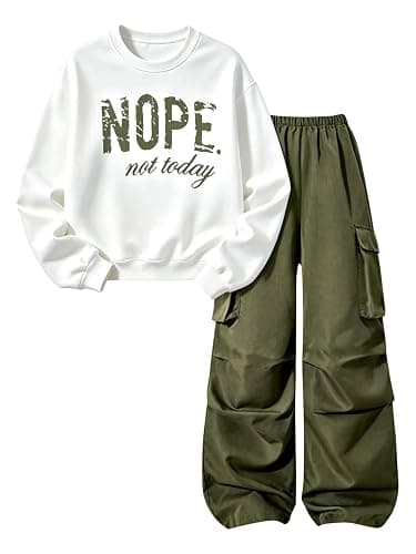 Voxikidio Teen Girls Clothes 2 Piece Outfits Letter Print Long Sleeve Tops and Cargo Pants Clothing Set - Image 1
