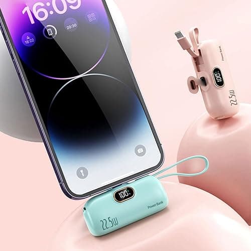 Mini Portable Charger with Built-in Cable, 22.5W High-Speed Portable Chargers, Fast Charging 5000mAh Battery Pack, Mini Charger Bank with Built-In Foldable USB-C Connector For Smartphone (Pink) thumbnail 4