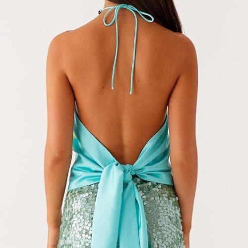 Backless Halter Tops for Women Y2k Sleeveless Open Back Tie Up Floral Print Camisole Silk Satin Going Out Top thumbnail 3