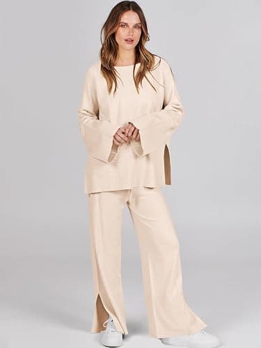 ANRABESS Womens 2 Piece Outfits Oversized Knit Sweater Set Wide Leg Pant Cozy Lounge Matching Pajama Sets 2025 Trendy Clothes thumbnail 2