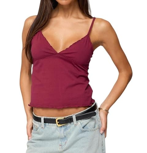 Cute Babydoll Tops for Women Spaghetti Strap V Neck Ruffle Tank Tops Summer Going Out Peplum Top - Image 1