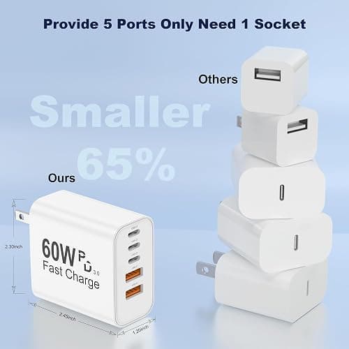 USB C Charger Block, 5 in 1 Single 25W Max iPhone Charger, PD 3.0 60W Charging Blocks, QC 2A USB Wall Charger for iPhone 17 16 15 14 13 12 Pro Max, iPad, iPod, Samsung, AirPods Pro, Apple Watch Series thumbnail 5