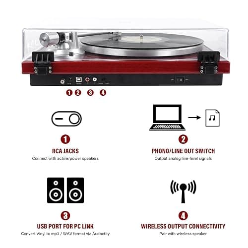 Belt Drive Turntable for Vinyl Record Player,Connect with Bluetooth Speakers or Active Speaker,Built-in Phono Pre-amp,USB Digital Output, Magnetic Cartridge,High-Gloss Wood Design(Red) thumbnail 2