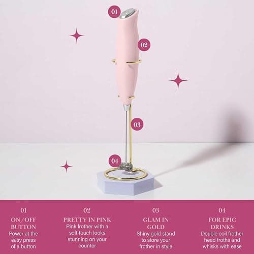 Paris Hilton Electric Handheld Milk Frother with Double Coil Head Whisk and Gold Metal Stand, Battery Powered (2 AA Batteries Required but Not Included), Pink thumbnail 7