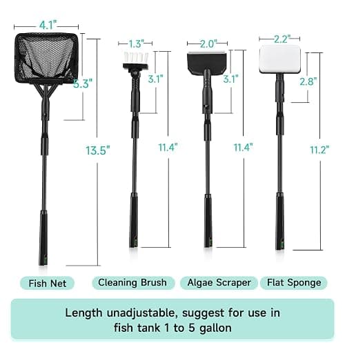 hygger Small Aquarium Cleaning Tools, 4 in 1 Fish Tank Cleaner Kit with Handle,Fish Net,Algae Scraper,Clean Brush,Flat Sponge thumbnail 5