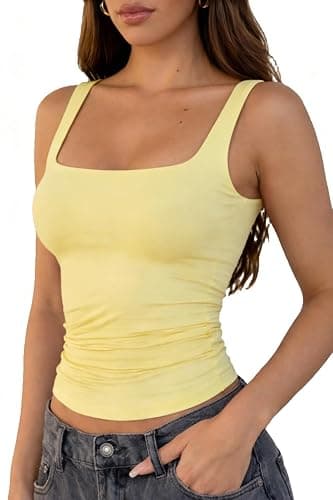 ForeFair Ruched Square Neck Tank Top for Women Summer Basic Tight Crop Tops thumbnail 2