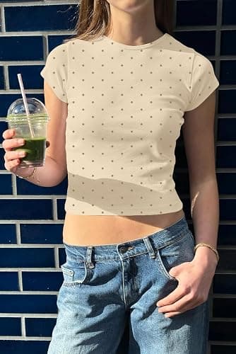 Cioatin Women Polka Dot Short Sleeve Crop Tshirt Tops Cute Girls Y2K Aesthetic Slim Fit Crewneck Tee Shirt Coquette Clothes thumbnail 2