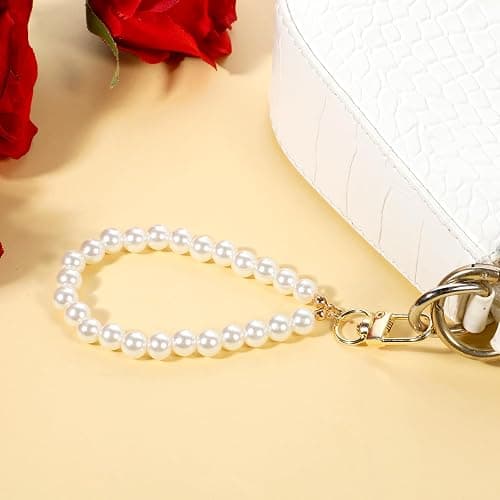 SynHHergyx 2 Pcs Pearl Keyring Lanyard Faux Pearl Keychain Straps Pearls Wristlet Key Chain Elegant Purse Lanyard thumbnail 7