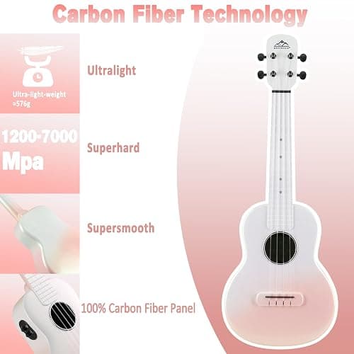 Electric Concert Ukulele, EASTROCK Carbon Fiber 23 Inch Ukelele Kit for Student Adult Professional, Beginner Uke with Accessories, Gradient Apricot Pink thumbnail 3