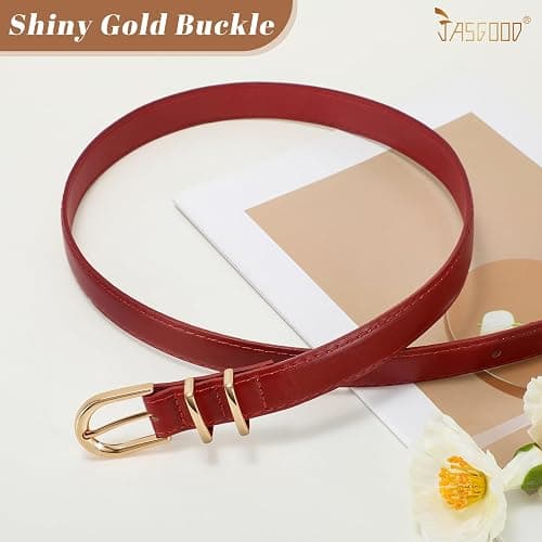 JASGOOD Women Skinny Leather Belt for Jeans Pants Fashion Ladies Thin Belt for Dress with Gold Single Prong Buckle thumbnail 3