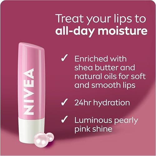 NIVEA Pearly Shine Lip Balm | Pearly Pink Shimmer Tinted Lip Care, 24H Hydration | 2x4.8g Tubes thumbnail 2