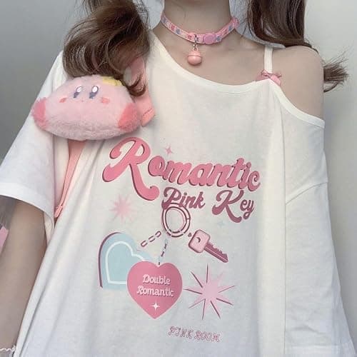 CEINOM Women Kawaii Off Shoulder T-shirt Harajuku Girl White Tops Y2k Aesthetic Cute Graphic Tees Japanese thumbnail 3