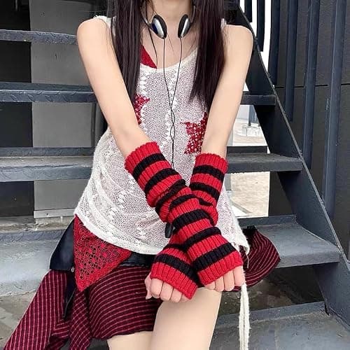 Pangogogo Punk Gothic Rock Striped Arm Warmers Y2k & Emo Accessories (Red) thumbnail 5