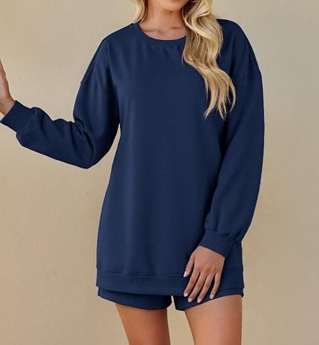 Tankaneo Womens Oversized 2 Piece Outfits Sweatsuit Casual Long Sleeve Crewneck Sweatshirts Sweat Shorts Fall Lounge Sets thumbnail 5