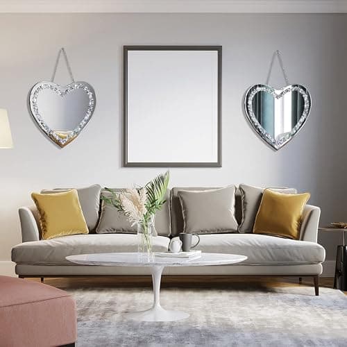 DMDFIRST Heart Shaped Silver Glass Mirror 2 Pack 12x12inch Crystal Crush Diamond Decor Chain Mirror for Wall Decoration thumbnail 5