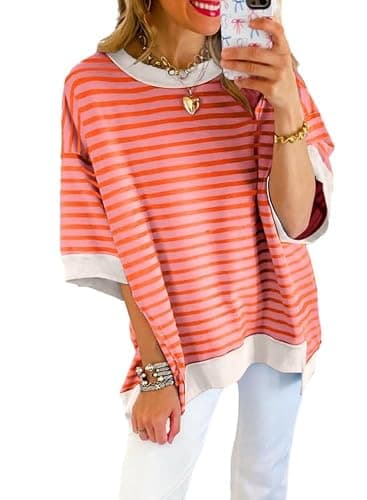 SHEWIN Womens Oversized Tops Crewneck Striped Sweatshirt Pullover Shirt | Casual, Short Sleeve, Loose Fit, Tshirt, Fashion, Trendy, 2026 - Image 1
