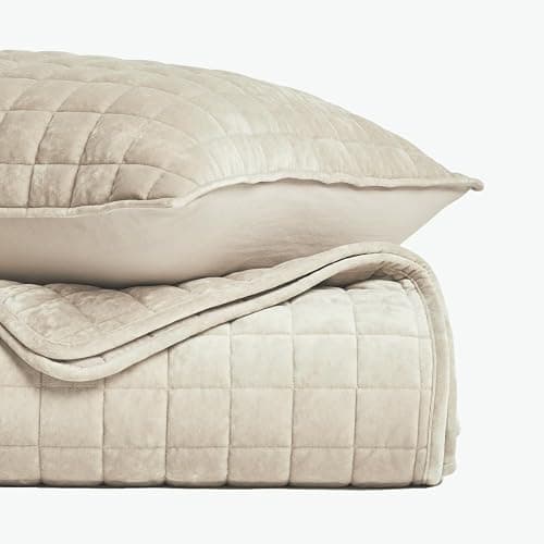 RECYCO Luxury Velvet Quilt Set, California King 118'' x 106'' Oversized Bedspread, Ultra Soft Velvet Comforter, Lightweight Box Stitch Bedding Sets for All Season, with 2 Shams, Beige thumbnail 5