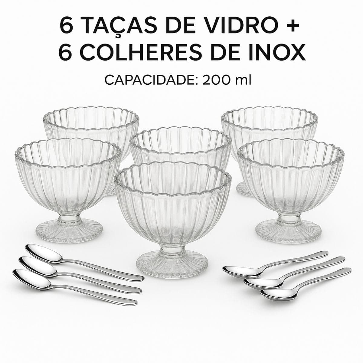 Jogo de Taças para Sobremesa 200 ml com 6 Colheres de Aço Inox Kit Elegante em Vidro para Servir Doces Sobremesas e Sorvetes Premium thumbnail 2