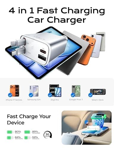 LISEN Retractable Car Charger for iPhone 17, 75W 4 in 1 Retractable Car Charger, fit iPhone 16 15 14 Samsung Galaxy S25, Car Accessories for Women Men, Prime for Day Deals Today thumbnail 7