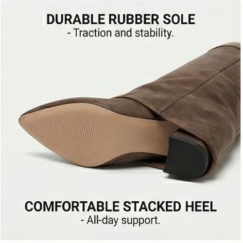 Silanway Women's Knee High Boots Leather Fold Over Pointed Toe Gold Buckle Stacked Heel Dress Casual Slouchy Mid Calf Booties thumbnail 7