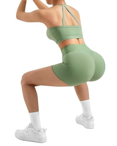 SUUKSESS Women 2 Piece Workout Sets High Waisted Tummy Control Biker Shorts Halter Padded Tank Tops thumbnail 3